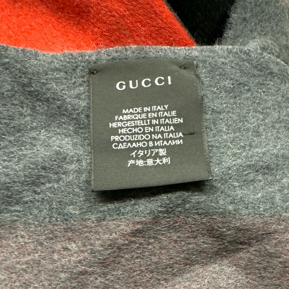Auth Gucci Wool Cashmere Gray Red Striped Scatf Wrap Stole Muffler Ex+ - Picture 12 of 13